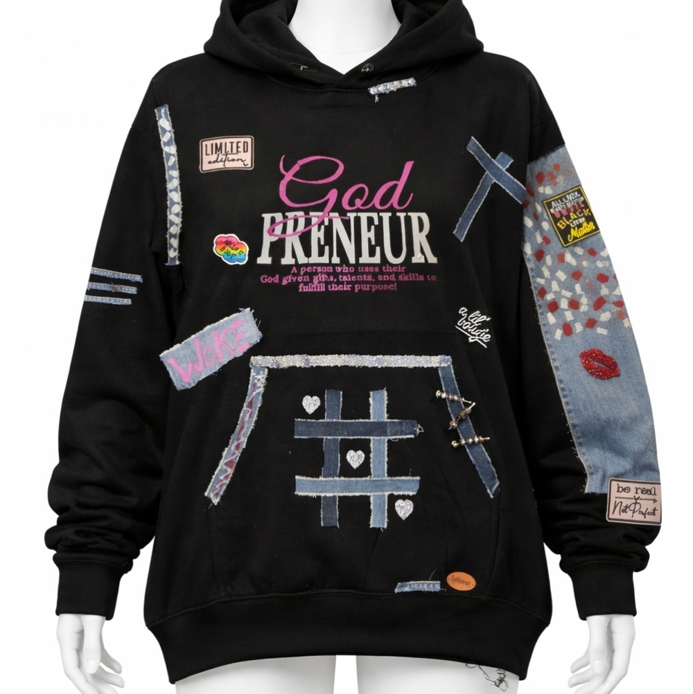Black Graphic Hoodie with Denim Accents